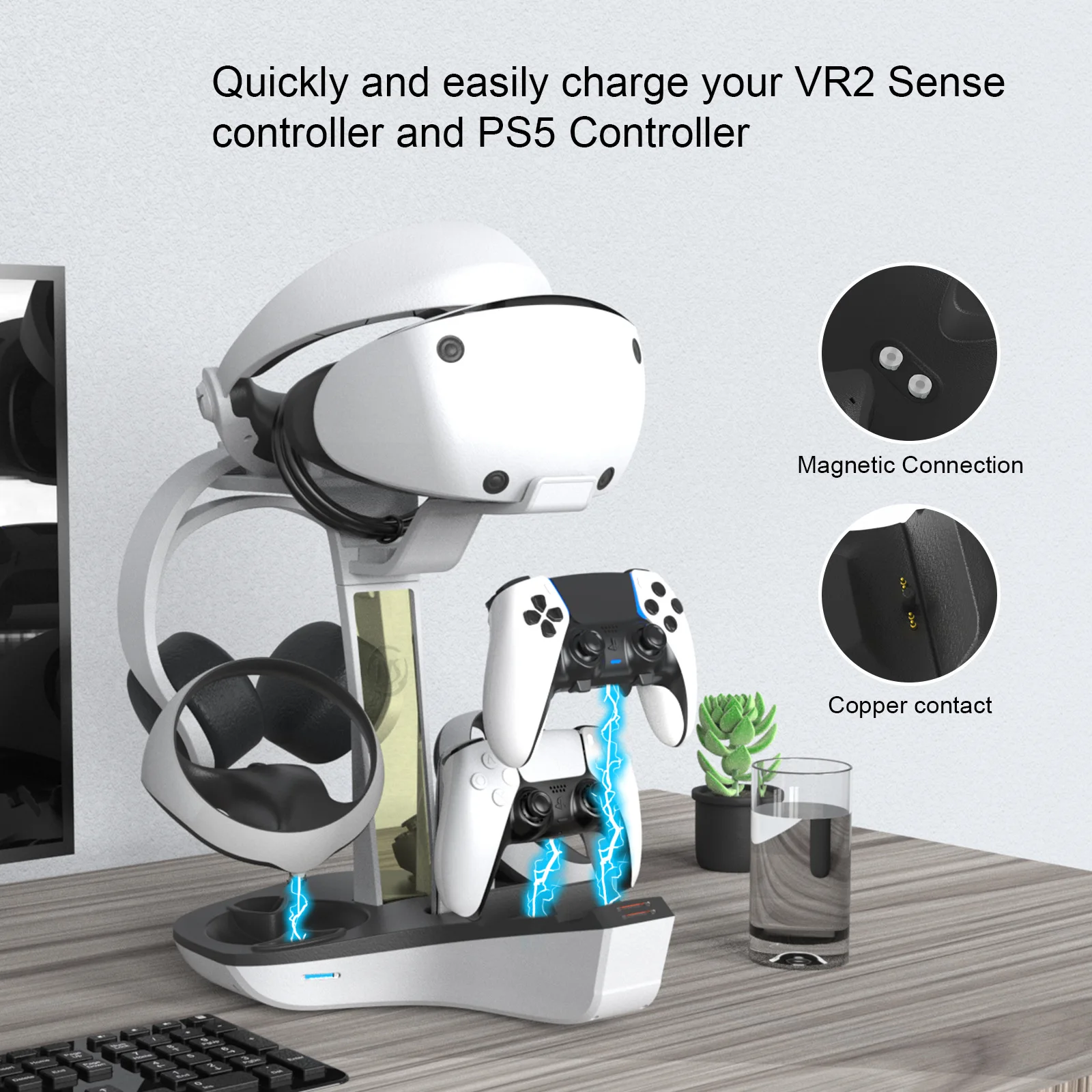 For PS5 VR2 controller cooling fan LED charge indication individual sense RGB lighting With Headphone Stand Holder