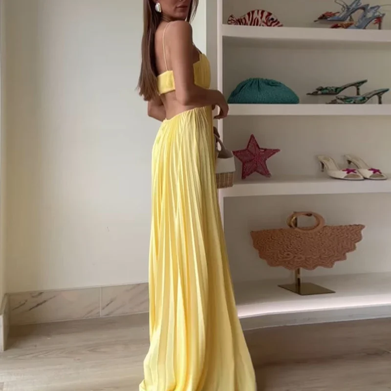 Abito da donna sexy a vita alta con fionda cava Moda Boho pieghettato a-line maxi abiti da vacanza senza maniche abito da ballo solido senza schienale