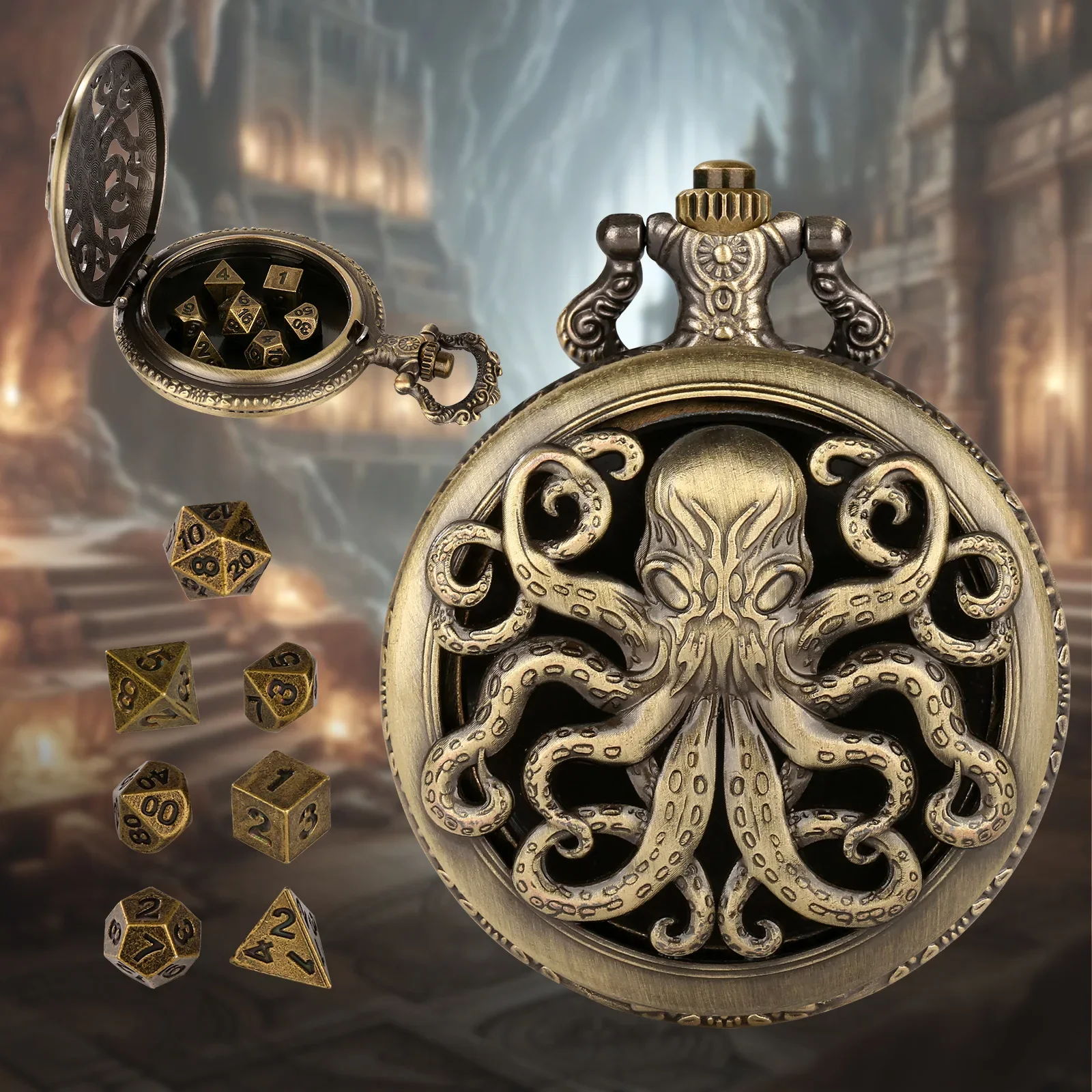 Octopus DND Dice box Jewelry Pocket Watch Case Fashion Carving Hollow Octopus Cover Pocket Watch Dice Waist Chain