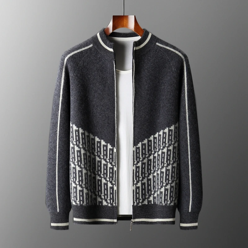 

Jacquard Thickened 100% Cashmere Cardigan Men Half Turtleneck Knitted Sweater Color Block Business Casual Sweater Loose Coat