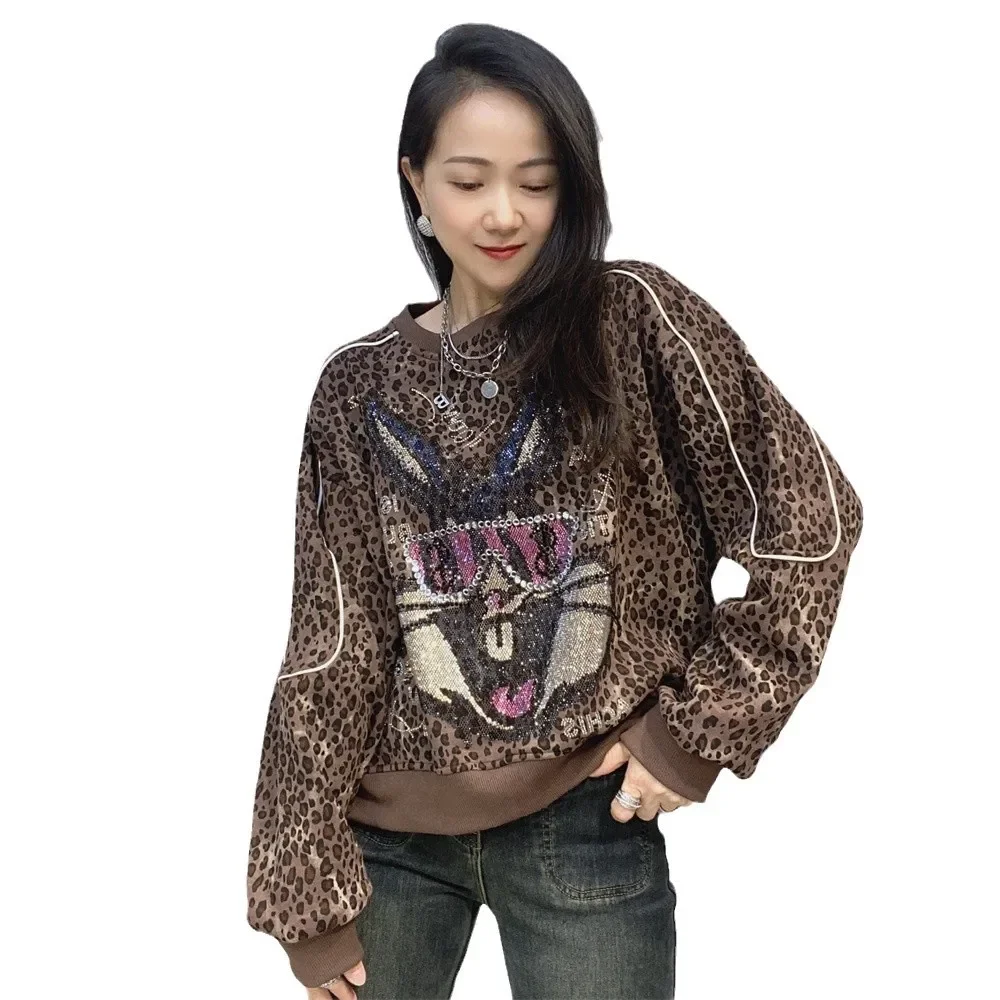 Fashion Leopard Short Sweatshirt Women Autumn Winter Thicken Velvet Loose O-neck Pullover Top Hot Drilling Bunny Casual Hoodies