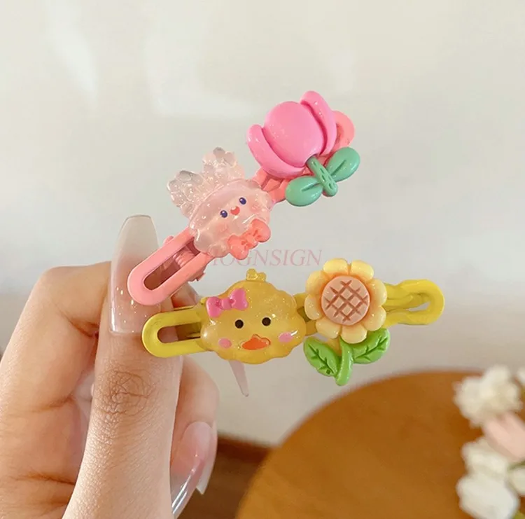 لطيف زهرة دبوس الشعر فتاة أغطية الرأس الكرتون بطة الفم كليب دبوس الشعر الملونة كليب