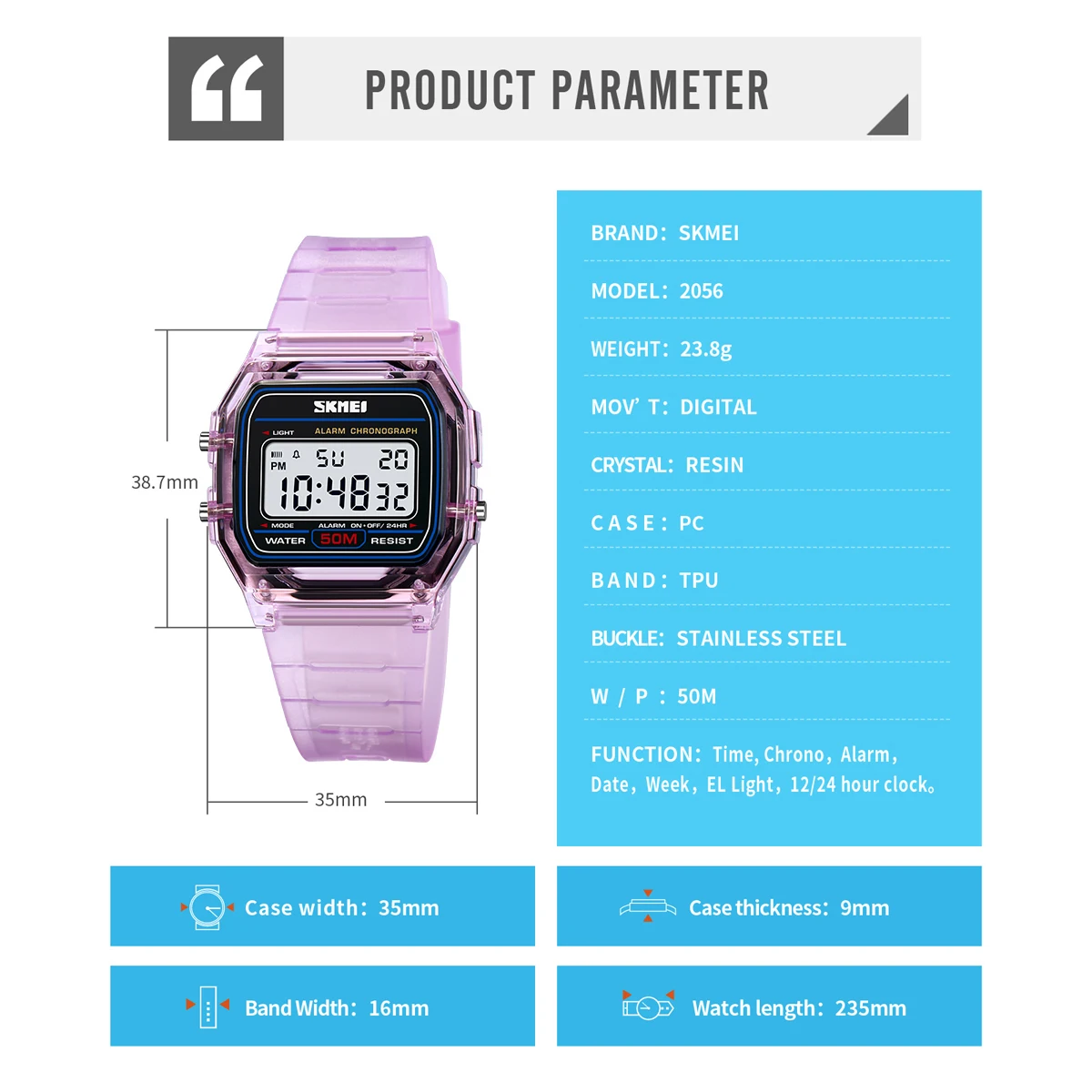 SKMEI New Fashion Youthful Vigor Digital Watches Transparent TPU Strap Wristwatch Back Light Display Stopwatch Women reloj mujer