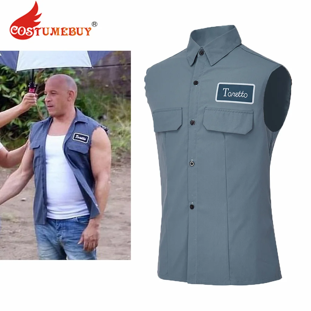 Movie Cosplay Dominic Toretto Costume Blue Vest Mens Casual Vest Sleeveless Jacket Halloween Costume