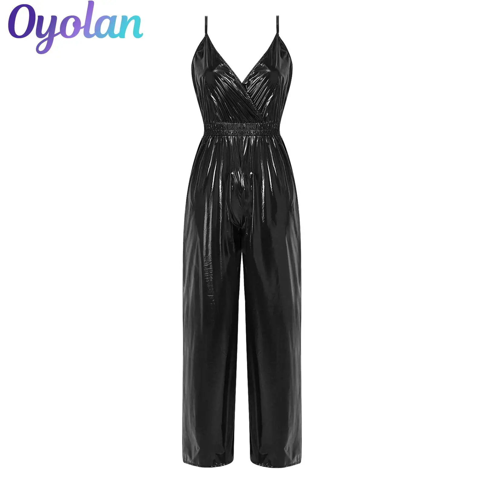 Womens Shiny Glossy Waterproof Overalls Jumpsuit V Neck Stretch Straight Wide Leg Pants Trousers One Piece Rompers Clubwear