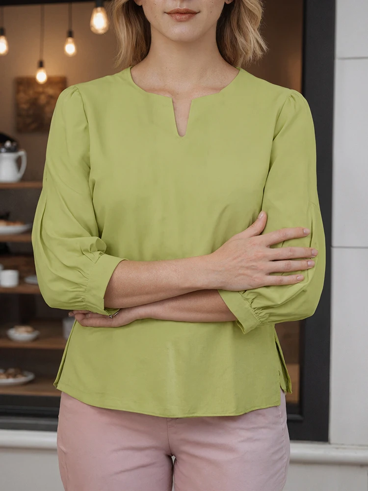 

ZANZEA, осенняя блузка 2024, женская однотонная туника, топы с рукавами-фонариками, модные повседневные свободные рубашки с рукавами 3/4, уличная одежда с v-образным вырезом