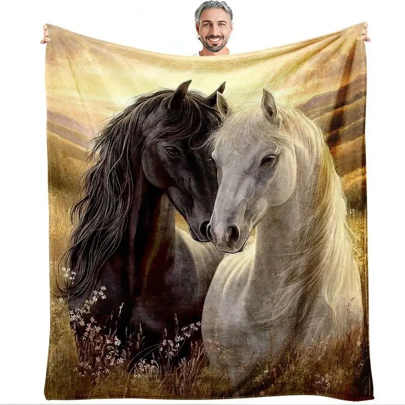 Beautiful Horse Couple Portrait Blanket Throw Cozy Art Decor for Living Room Bedroom Equestrian Gift Wall Tapestry