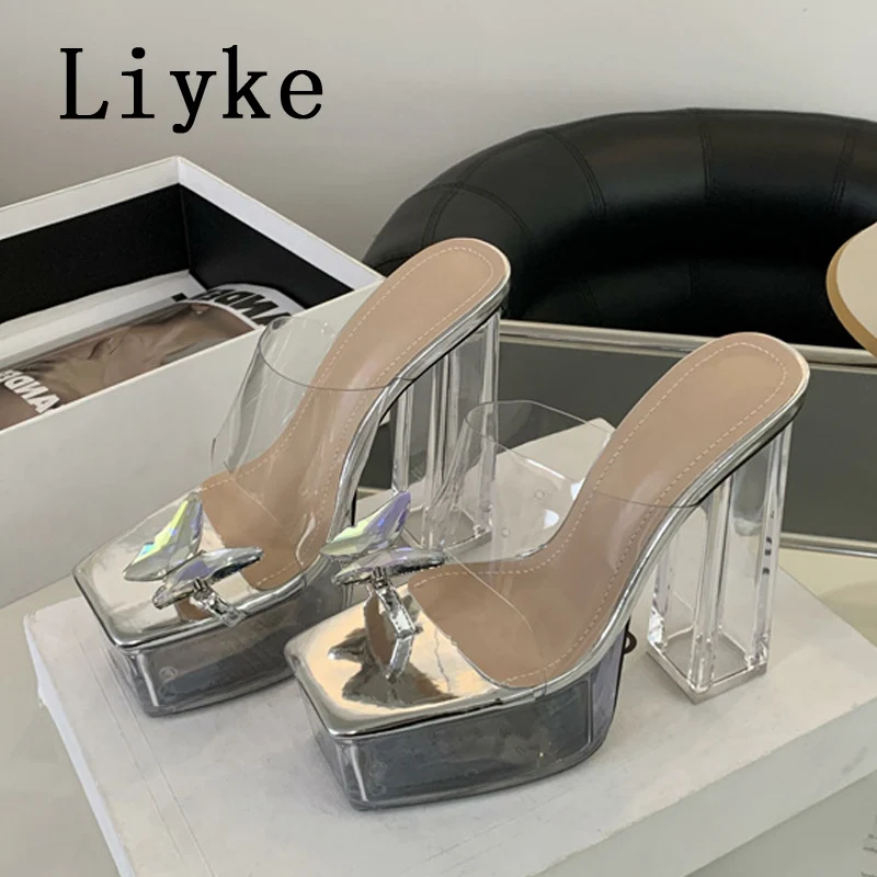 Liyke Sexy 14CM Transparent High Heels Platform Slippers Fashion Butterfly Clip Toe Clear Shoes For Women Sandals Zapatos Mujer