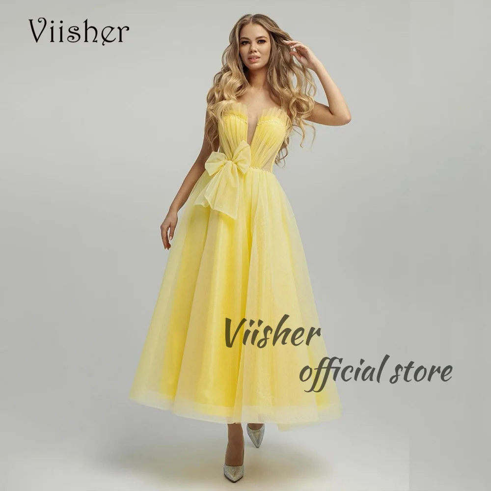 Viisher Yellow Tulle Prom Dresses with Bow Sweetheart A Line Evening Party Dress Ankle Length Celebrate Evetn Gowns