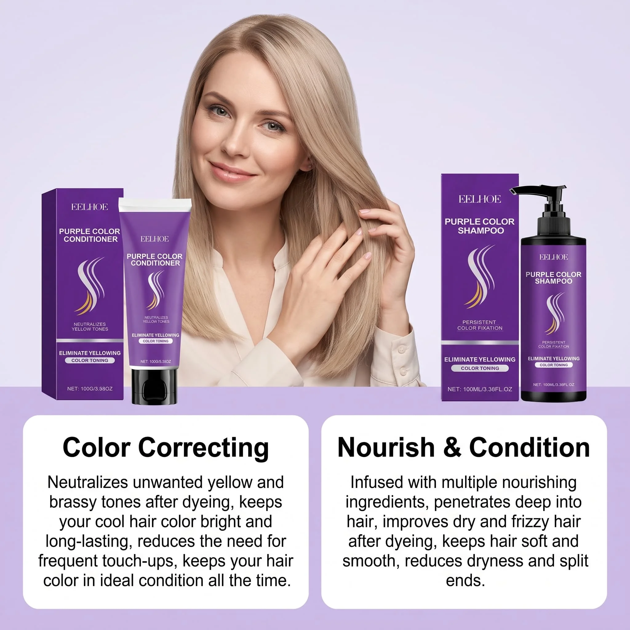 Purple Shampoo Conditioner Set Color Depositing Nourishing Hair Care For Blonde Bleached Silver Hair Shine Enhancing Smoothing