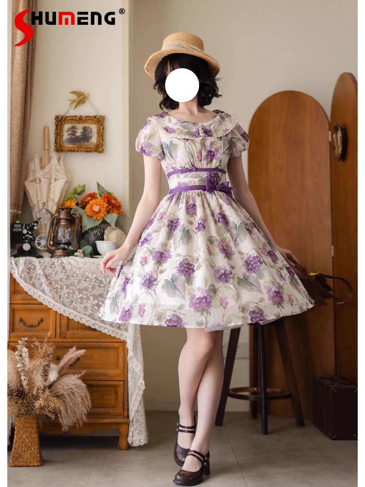 

French Elegant Classical Cla Op Short Dresses Doll Collar Bubble Sleeve Lace-up Bow Print High Waist A-line Lolita Dress Women
