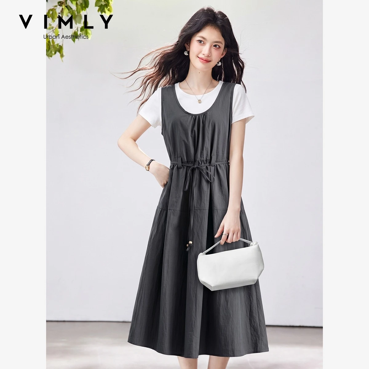 VIMLY Women's Fashionable Dress Set 2026 Summer New Casual Short Sleeve T-shirt Long Dress Two-piece Set Gray Clothes 31336