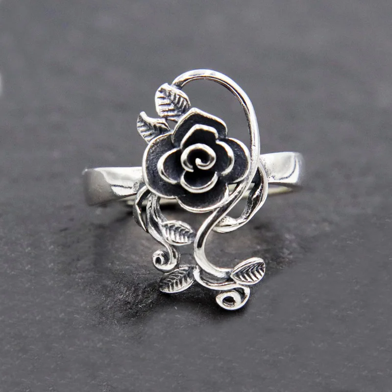 Buyee 925 Sterling Silver Flower Ring Finger Cute Rose Lover Couples Ring for Girl Woman Man Gray Ethnic Fine Jewelry Circle