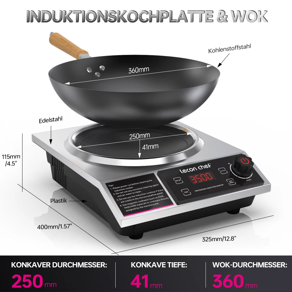 Lecon Chef Induktionskochplatte mit Wok, 3500W Einzelinduktionskochfeld, Kochplatten, 60 KG Tragkraft