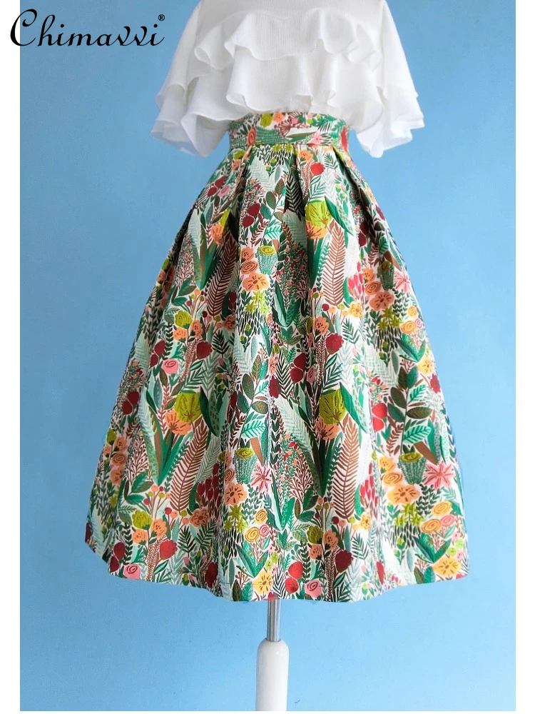 

French Elegant Fashion Versatile Commuter Long Skirts High Waist A-line Jacquard Print Casual Retro Pleated Skirt Women Summer