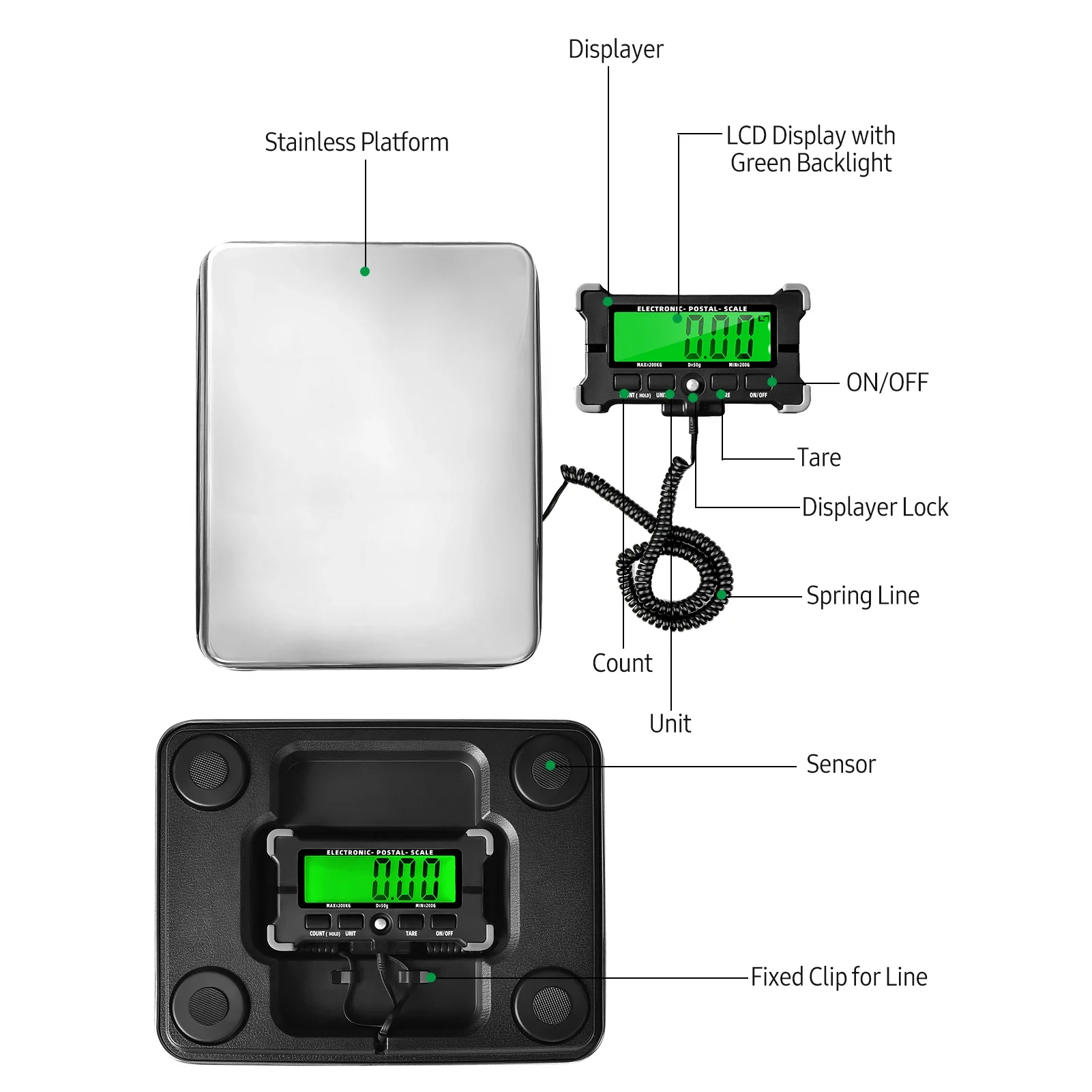 440 Lbs Electronic Postal Scale Precision Integrated Stainless Steel Digital Scale LCD Backlight Display Shipping Scale Tools