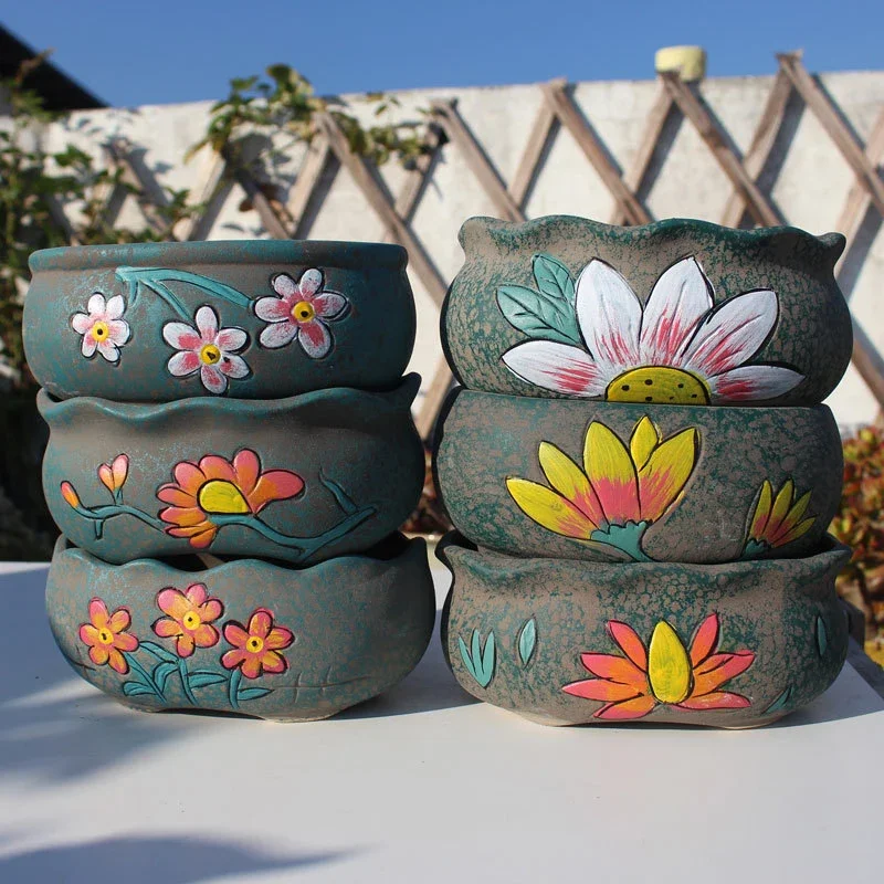 New Hand-painted Succulent Plant Pots Stoneware Handmade Pots Ceramic Office Ornaments Large Platter Breathable Porcelain Pots