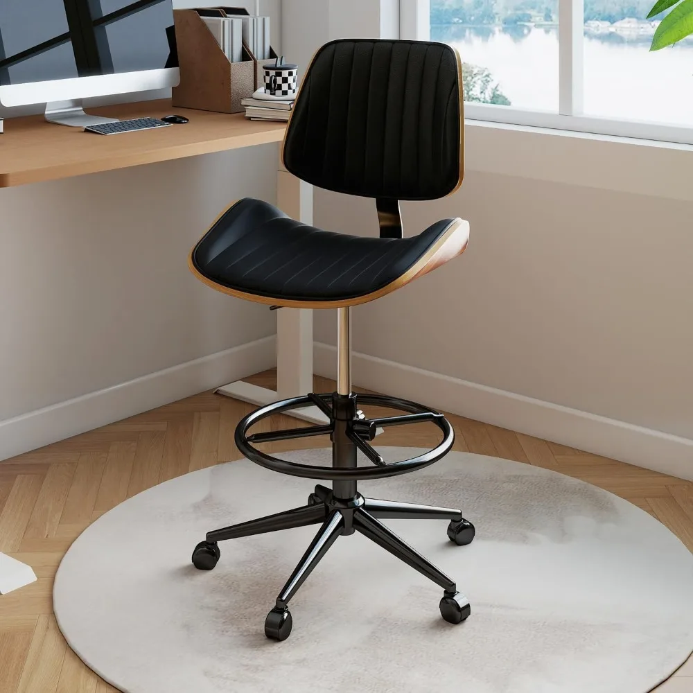 

Чертежный стул, эргономичный офисный стул с поддержкой спинки из орехового дерева, настольный стул из искусственной кожи без подлокотников с регулируемой высотой