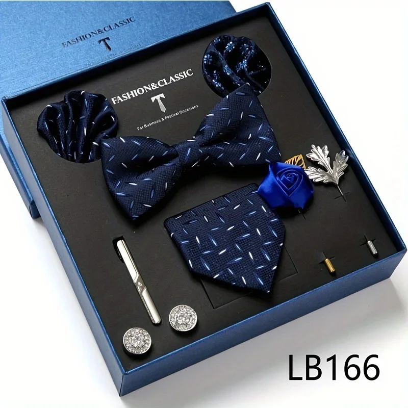 1 Set Of Men\'s Striped Tie, Tie Clip, Bow Tie, Pocket Handkerchief, Brooch And Cufflinks Set, Gift Box For Men