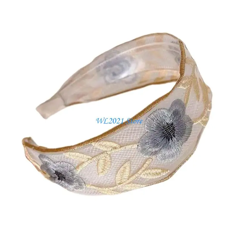 

G5GC Delicate Blossom Embroidered Hair Ornament Breathable Fabric Wide Elastic Band