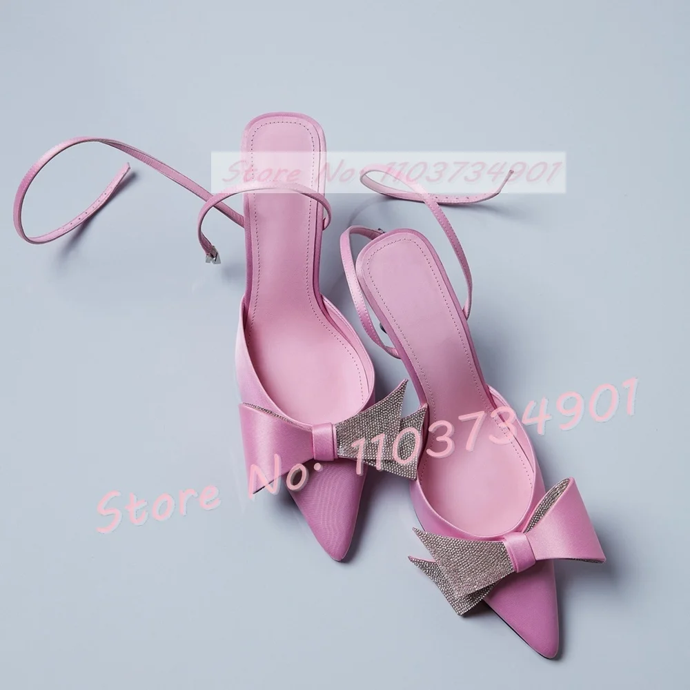 Pink Satin Pointy Toe Sandals With Crystal Bowknot Women Elegant Lace Up Stiletto Shoes Ladies Cross Tied Chic Evening Sandals