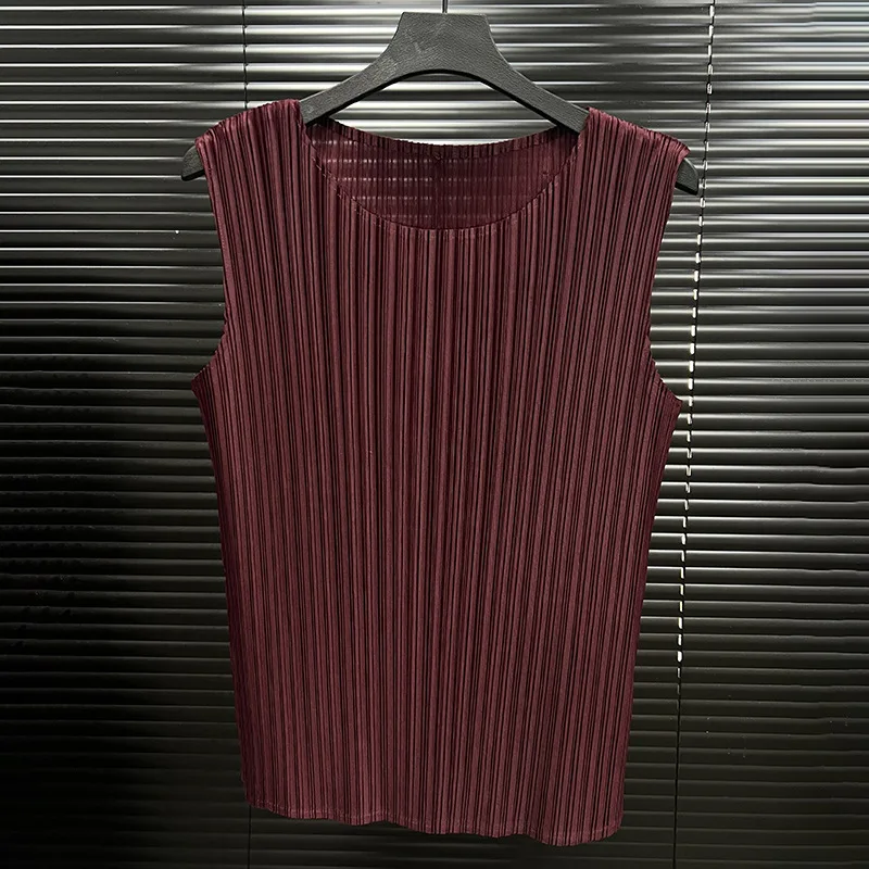 Miyake Pleats Round Neck Women's Basic Sleeveless Vest Summer Causal Tank Tops