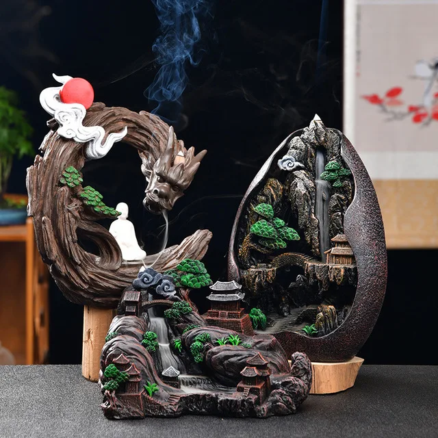 With 20Cones Zen Incense Dragon Resin Home Decoration Waterfall Landscape Censer Backflow Cones