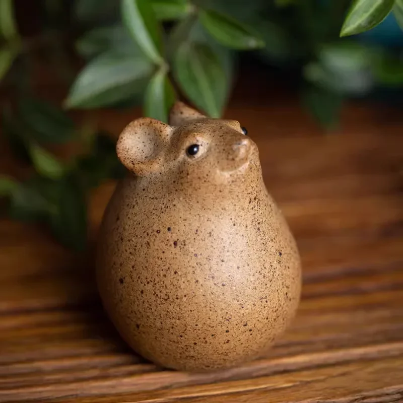 Handmade Coarse Pottery Tea Pet, Mouse Sculpture, Figurine, Gongfu Accessories, Animal Cute, Modern, Home Decor
