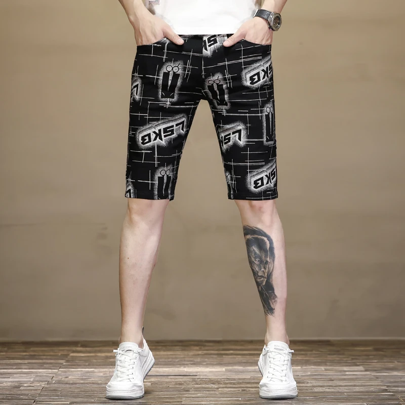 Summer Thin Men's Denim Shorts Letter Printed Black Cropped Pants Stretch Slim Handsome Beach Breeches