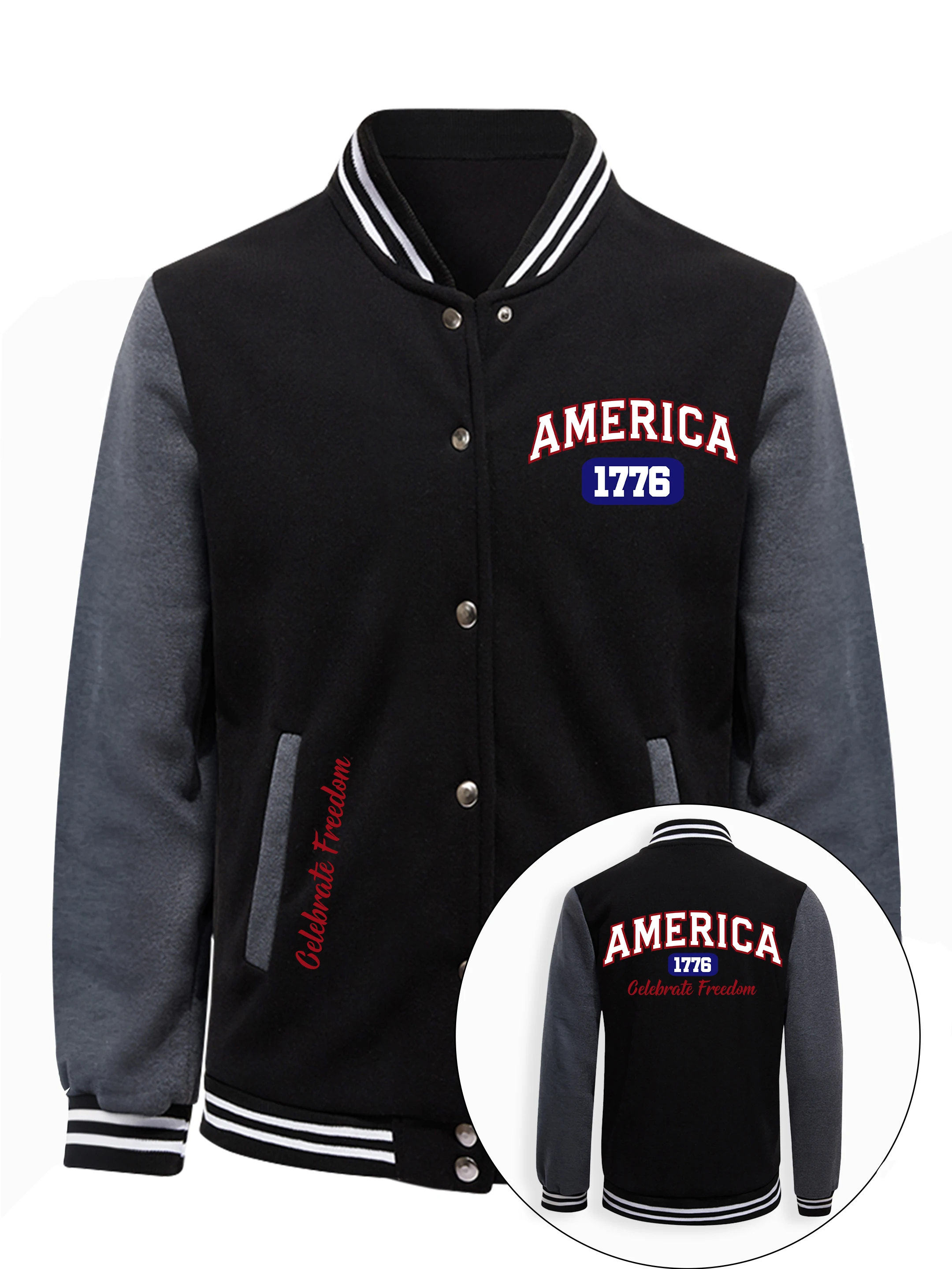 

America 1776 Celebrate Freedom Print Baseball Jersey Male Trendy Button Top Retro Loose Jacket Man Autumn Fleece Soft Clothing