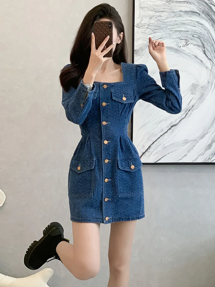 French Square Neck Bubble Sleeves Women Denim Skirt Spring New French Vintage Single Breasted Belt Square Collar Pocket Dresses