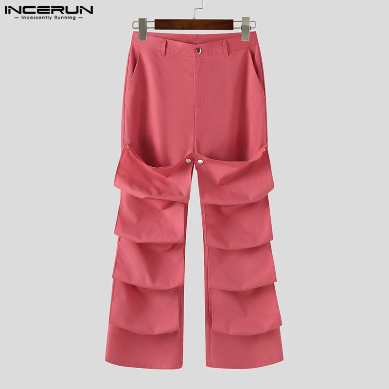 2024 Men Irregular Pants Solid Color Joggers Button Straight Trousers Men Streetwear Loose Fashion Casual Long Pants INCERUN