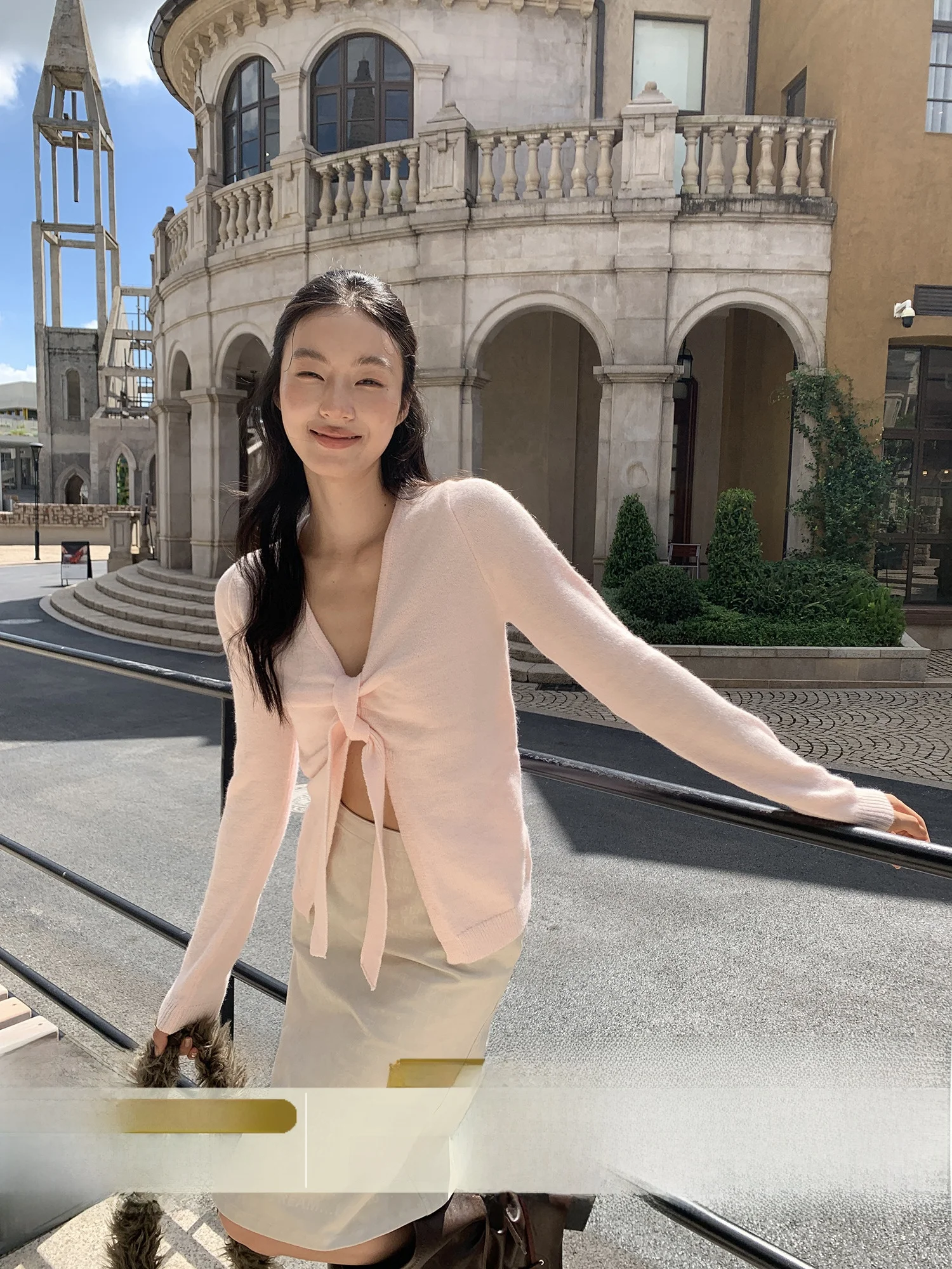 

Crsu Korean Sle V-Ne Knitwear Women's Slim Fit Inner Wear Bow Knot Soft Long Sve Casual Top