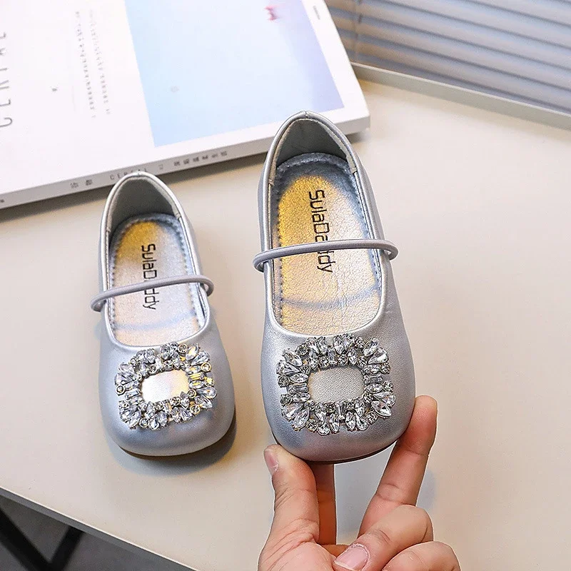 2024 Kids Leather Shoe Non-slip Girls Princess Ballet Shoes Fashion Rhinestone Buckle Children\'s Causal Wedding Party Flat Shoes