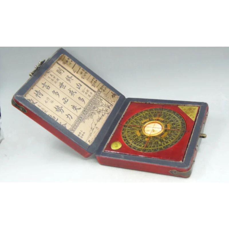 Exquisite Chinese Classical Copper Compass Fengshui with Wood Dragon Phoenix Leather Box and Brass Lock