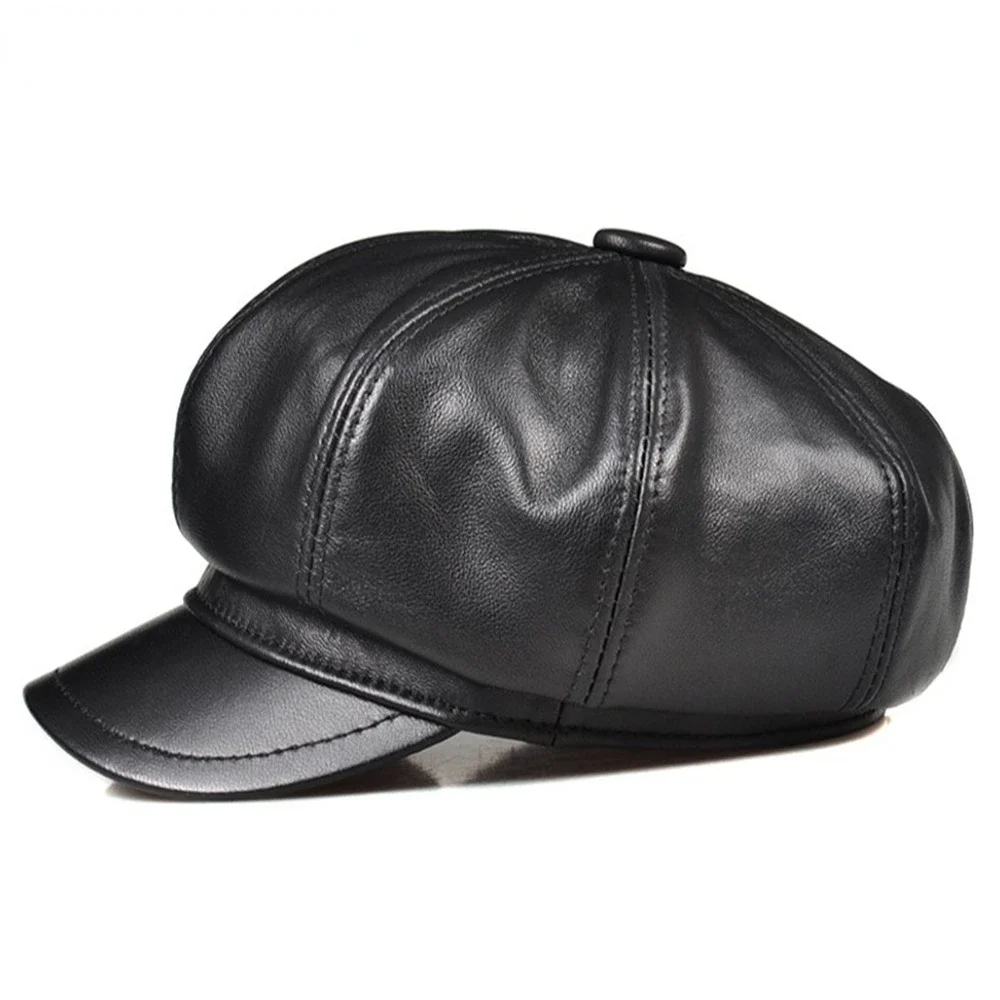 NEWSBOY Cap Genuine Leather Women Beret Hat Black Real Sheepskin High Quality Female Autumn Winter Octagonal Flat Cap Vintage