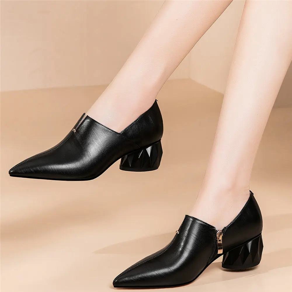 

Back Grey Party Shoes Women Genuine Leather Chunky Med Heel Ankle Boots Female Low Top Pointed Toe Platform Pumps Casual Shoes