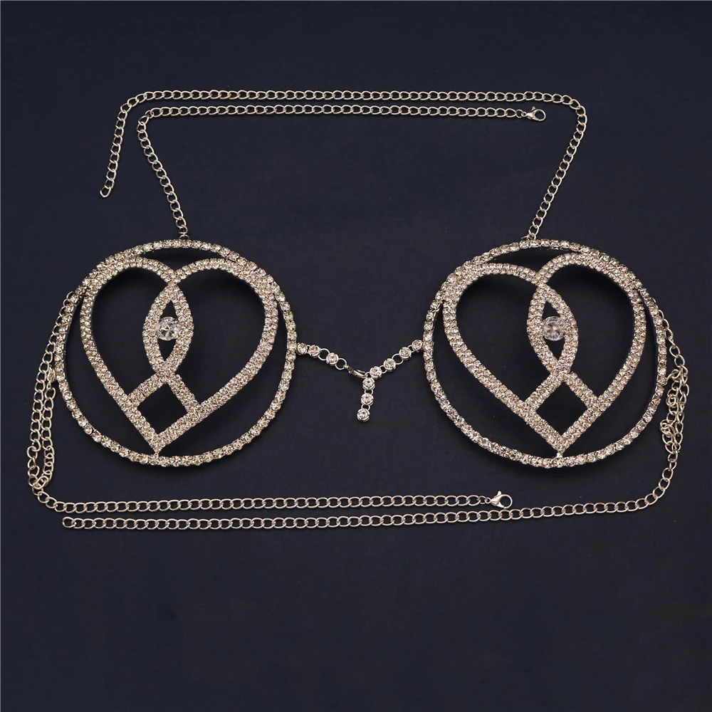 Sexy Shiny Rhinestone Big Round Love Your Mind Chain Summer Beach Party SuperFlash Crystal Bikini Ceiling Bra Body Chain Jewelry