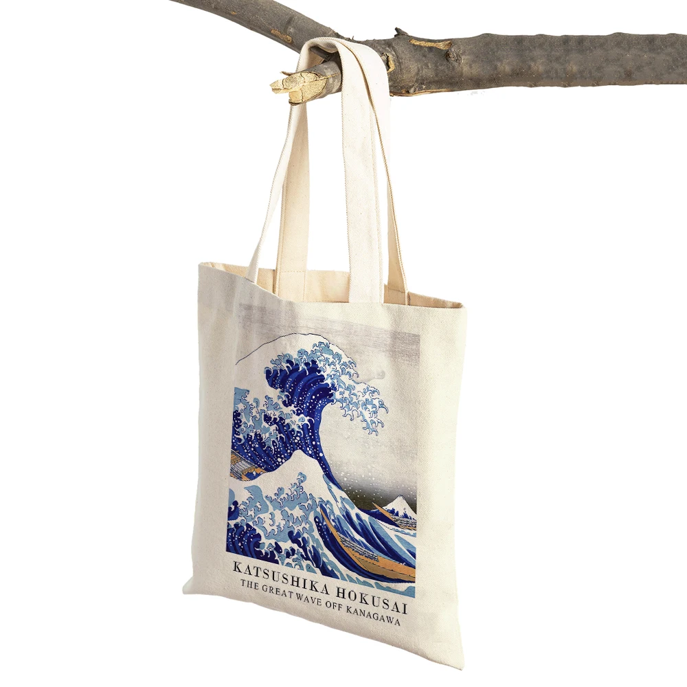 Vintage Tote Shopper Bag Abstract Japan Artist Hokusai Mount Fuji Women Shopping Bags Double Print Casual Lady Canvas Handbag