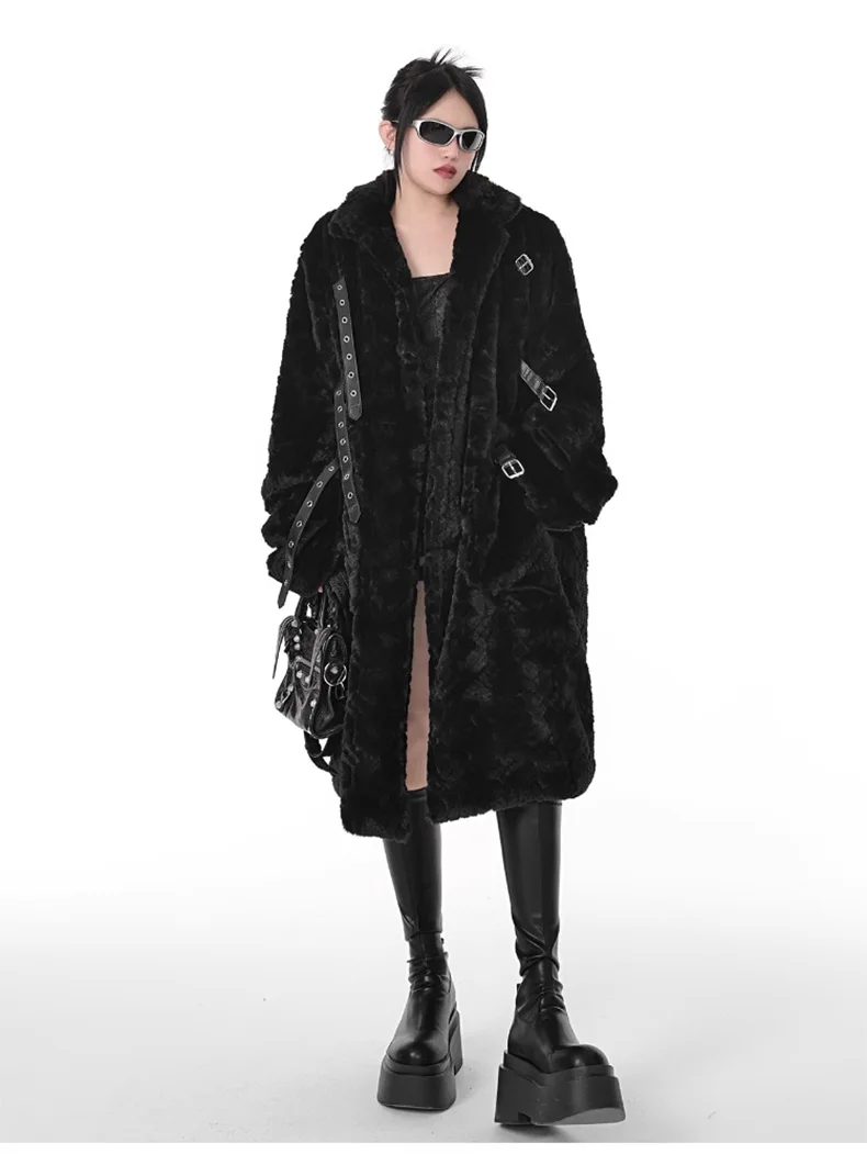 Lautaro Winter Cool Long Loose Casual Soft Thick Warm Black Fuzzy Faux Fur Coat Women Stand Collar Punk Style Fluffy Jacket 2023