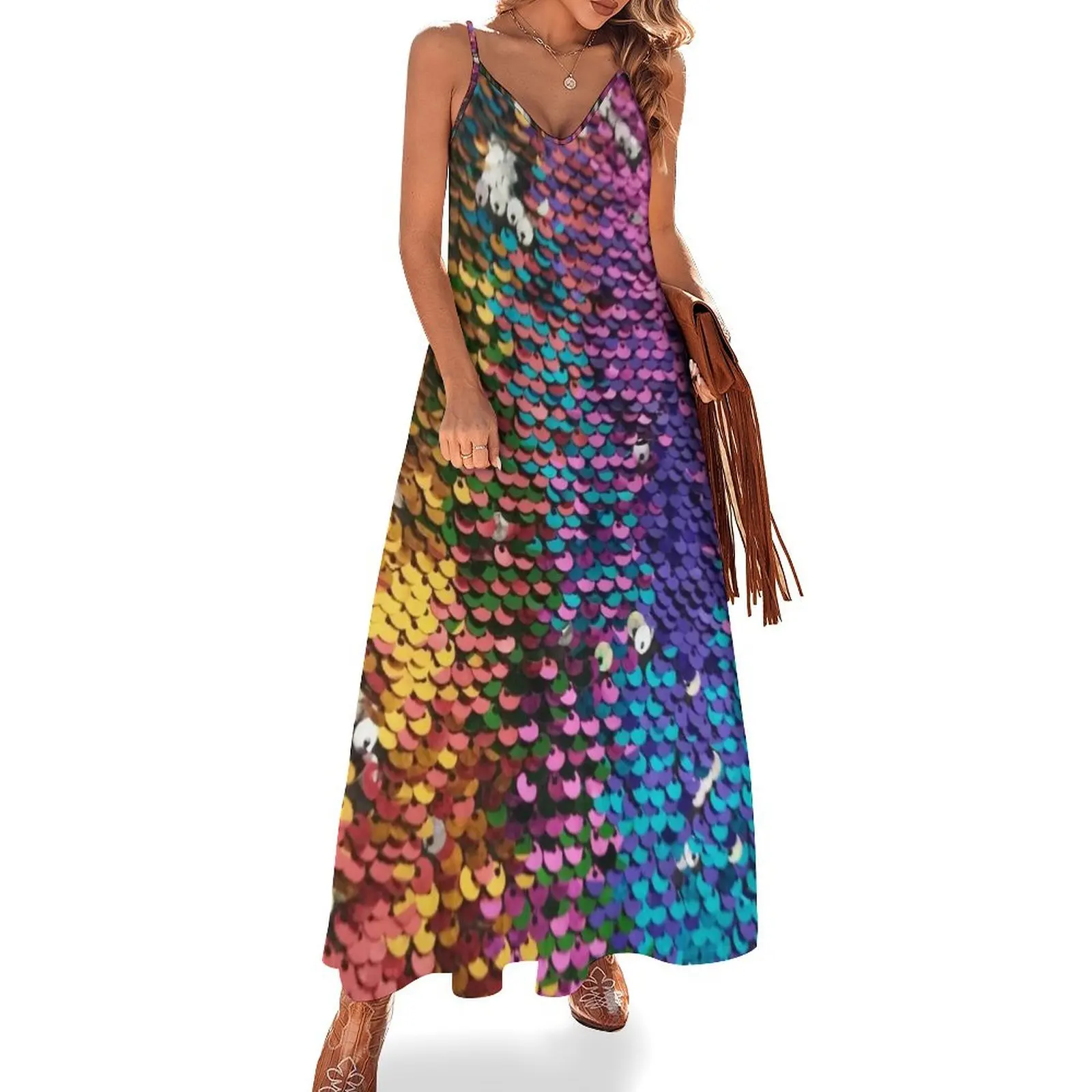

Фотографическое изображение многоцветного платья без рукавов с блестками женская одежда 2024 Новое поступление женских платьев для женщин 2024