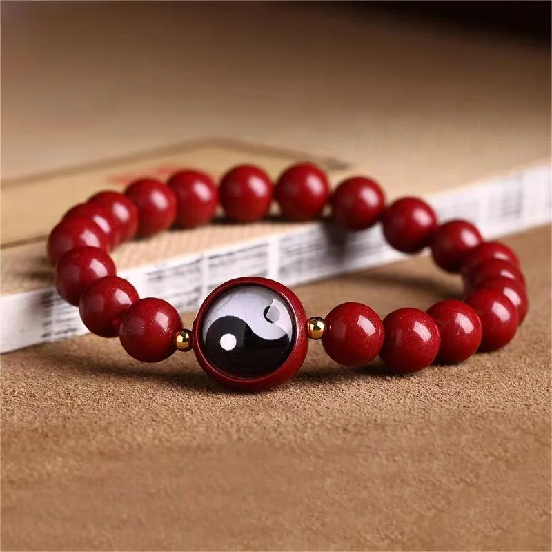 Natural Cinnabar Tai Chi Gossip Round Bead Bracelet for Men's and Women's Natal Year