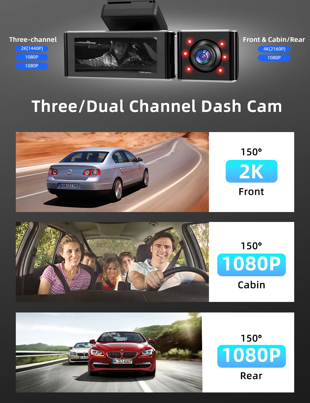 M550 Pro-3CH 3 Channel Dash Camera Car DVR Recorder With Built in 5G WiFi GPS 6 IR LED Light Super Night Vision Black BoX