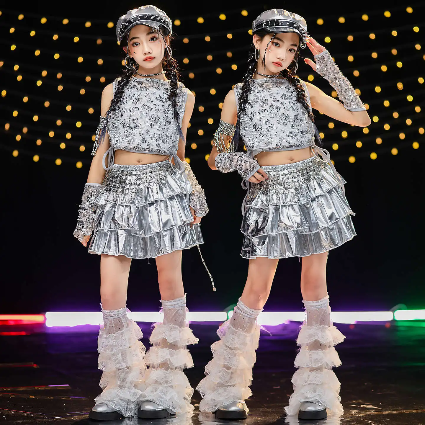 

Kid Kpop Hip Hop Clothing Silver Sequin Hoodie Crop Tank Faux Leather Layered Pleated Mini Skirt for Girl Dance Costume Clothes