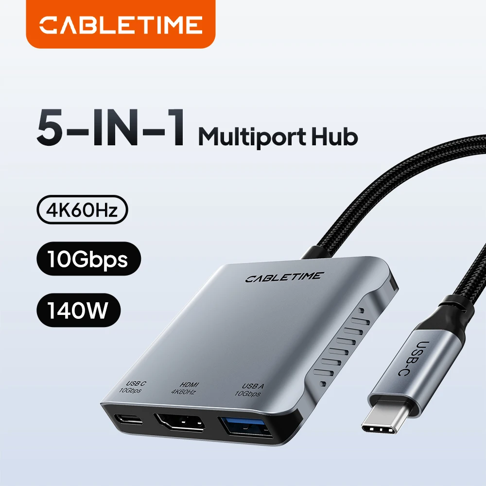 CABLETIME 5 IN 1 USB C HUB 4K@60Hz Type C Dual HDMI Adapter USB C 3.2 PD140W Hub for Laptop Monitor Macbook Pro Air