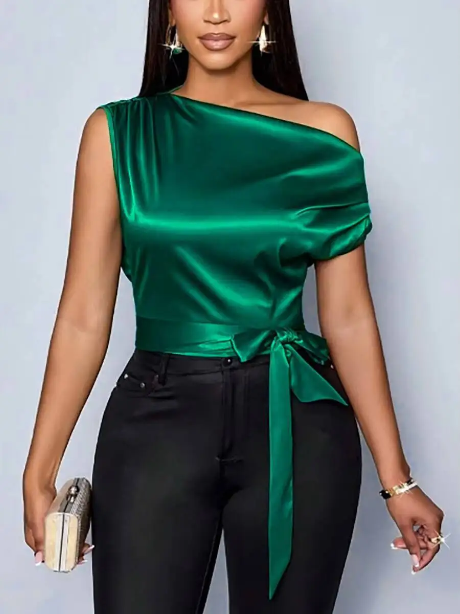 

Женская темно-зеленая асимметричная блузка из атласа с открытыми плечами, без рукавов, с драпировкой и завязками на талии, элегантная блузка для весенне-летних вечеринок