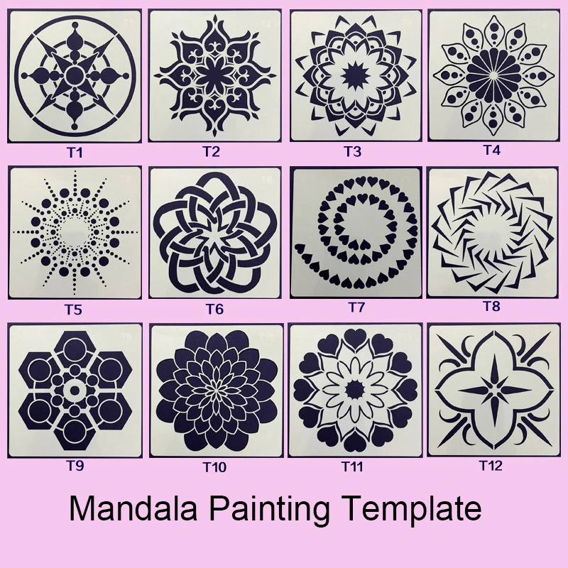 12 Stück wiederverwendbare Schablonen, Mandala-Schablonen, lasergeschnittene Malvorlage für Boden, Wand, Fliesen, Stoff, Möbel, Schablonen, Malerei