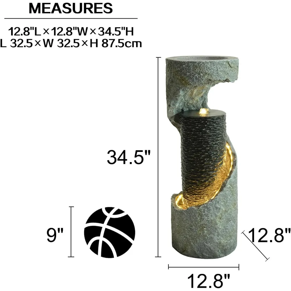 نافورة مياه حلزونية مقاس 35.4 بوصة، قائمة على الأرض مع أضواء LED وشريط إضاءة للديكور الفني المنزلي، الفناء الخلفي، الفناء، حمام السباحة، حمام الطيور