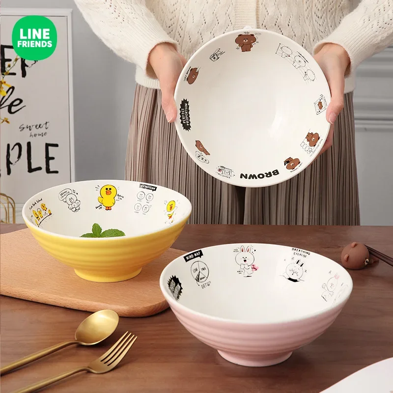 LINE FRIENDS Brown Ceramic Lamian Noodles Bowl Cartoon Anime Kawaii Large Kitchen Household Non Slip Thread Bowl Birthday Gift