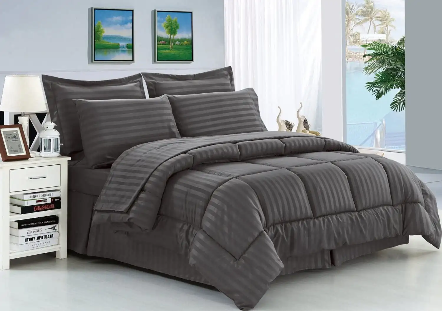 

Silky Soft Dobby Stripe Bed-In-A-Bag 8-Piece Comforter Set ---Full/Queen Gray